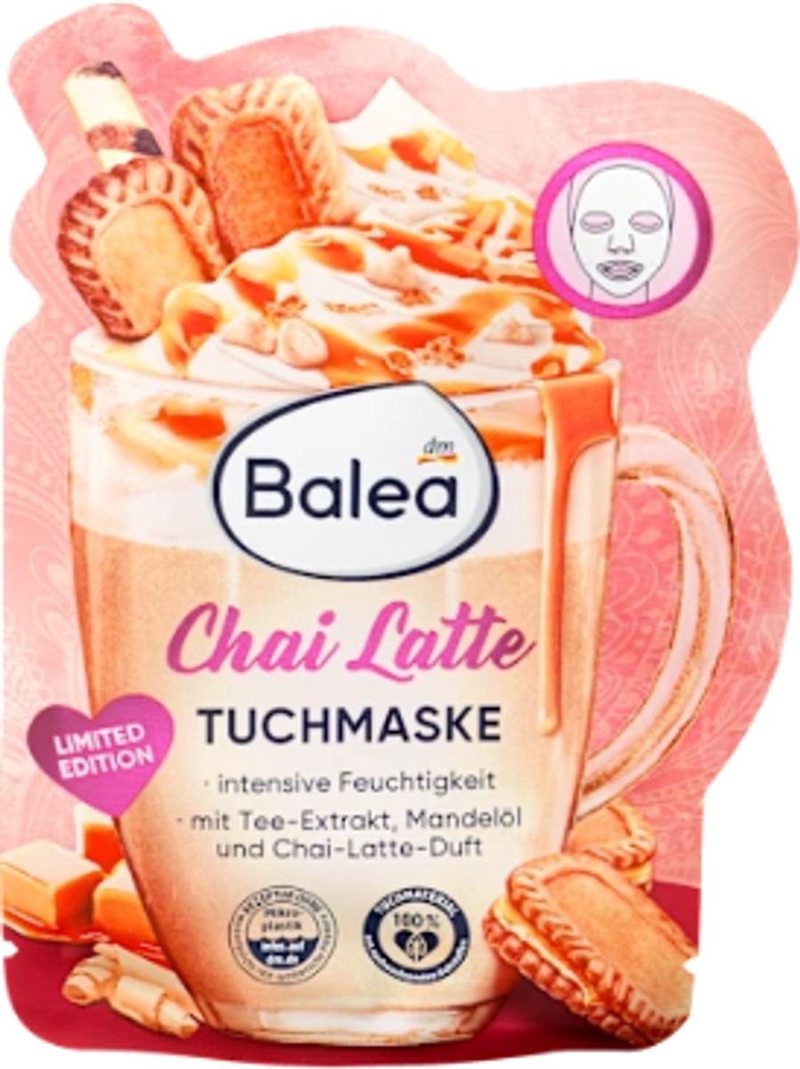 Balea Gezichtsmasker Chai Latte | 1 stuk - Thee-extract, Amandelolie & Chai kruiden | Zijdezacht doekje voor optimaal comfort - Limited Edition
