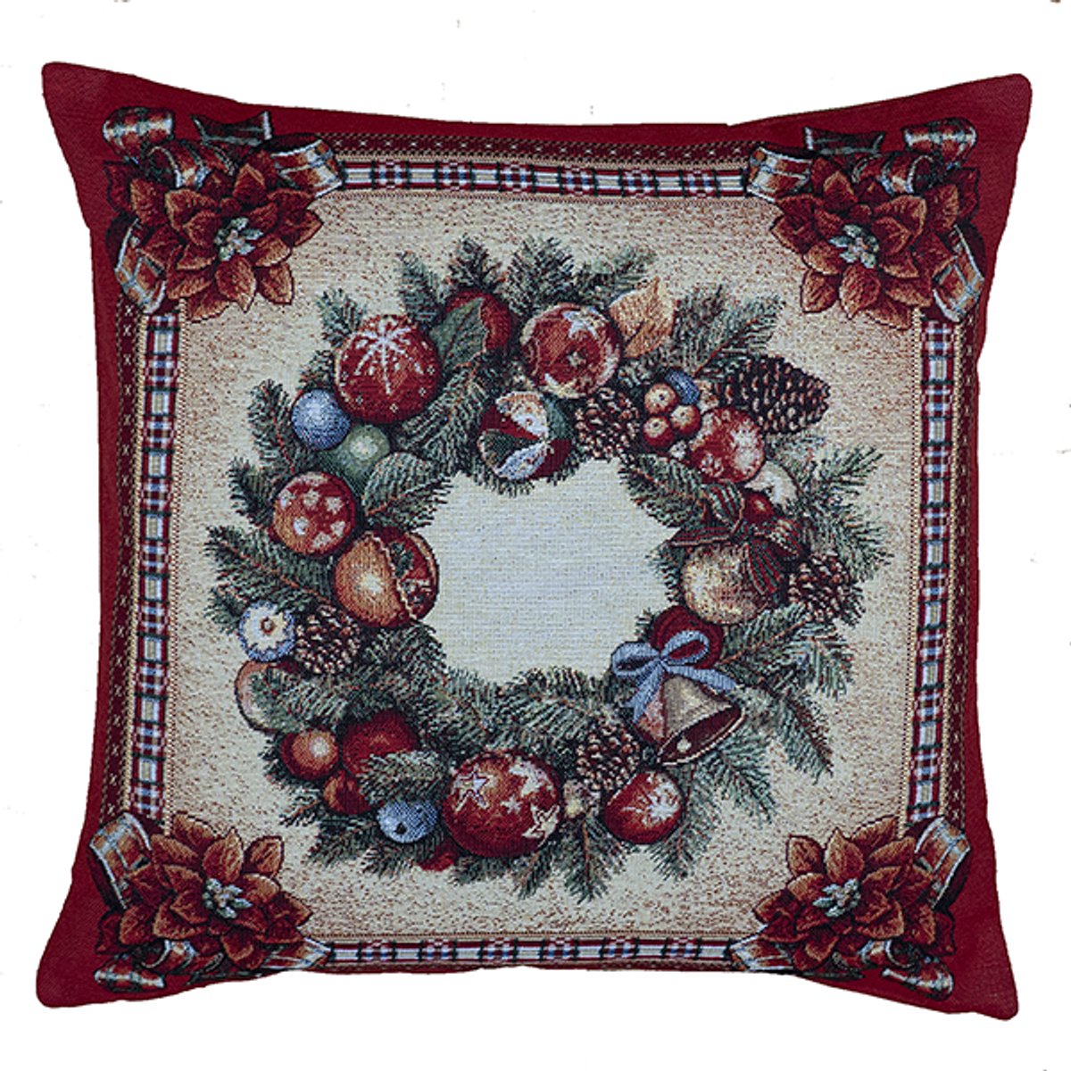 Kussenhoes - Kerst - Gobelinstof - Rood met Kerstman en koor - Hulst - kerstballen en kerstrozen - 45 x 45 cm