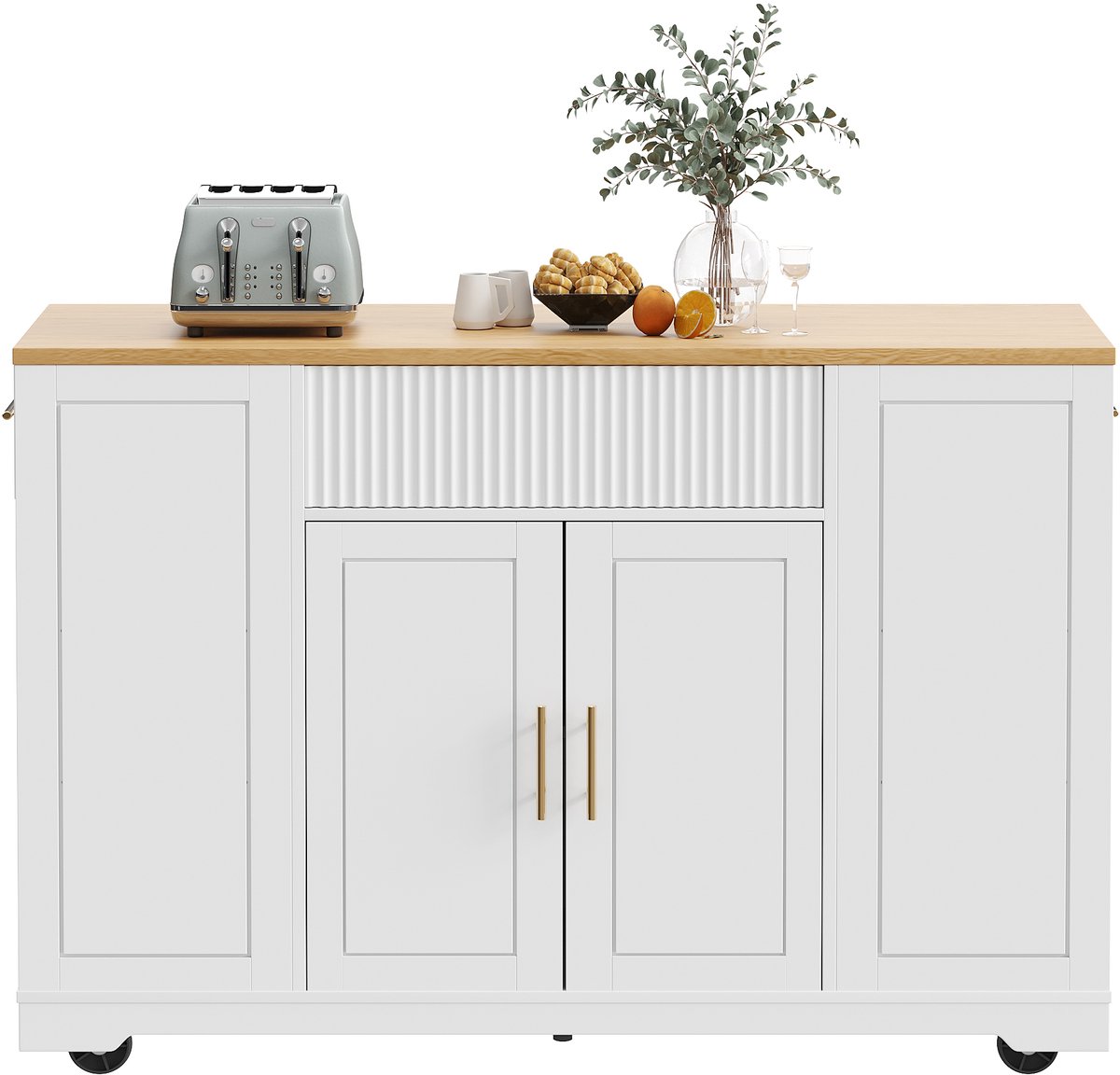 Keukeneiland, Keukenkast, Buffetkast, 120 x 50 x 92 cm, Serveerwagen, Mobiel keukeneiland, Keukenkarretje met wielen, Met afvalbakvak, Verstelbare planken, Twee deuren en drie lades- wit