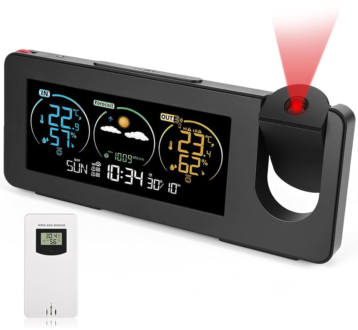 Draadloos weerstation met buitensensor en projectie - Weersvoorspelling, temperatuur en luchtvochtigheid meten voor binnen en buiten