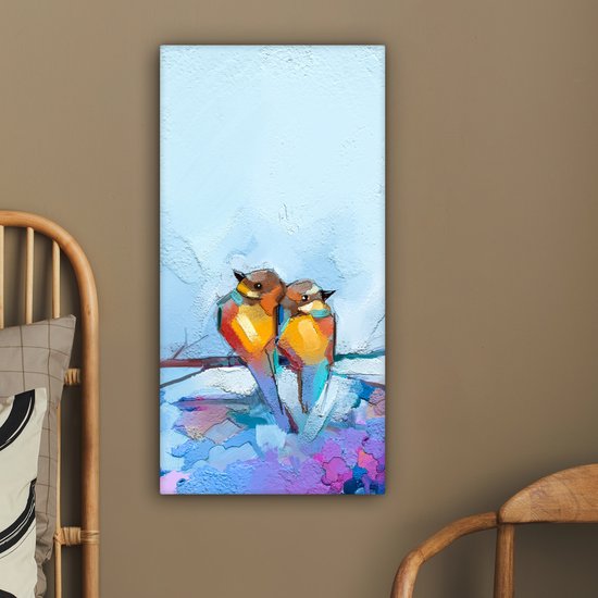 Toile - Peinture à l'huile - Vogels - Branche - Blauw - 40x80 cm - Décoration d'intérieur - Peintures sur toile
