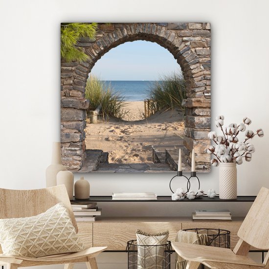 Canvas schilderij 90x90 cm - Wanddecoratie Doorkijk - Strand - Duin - Planten - Muurdecoratie woonkamer - Slaapkamer decoratie - Kamer accessoires - Schilderijen op canvas
