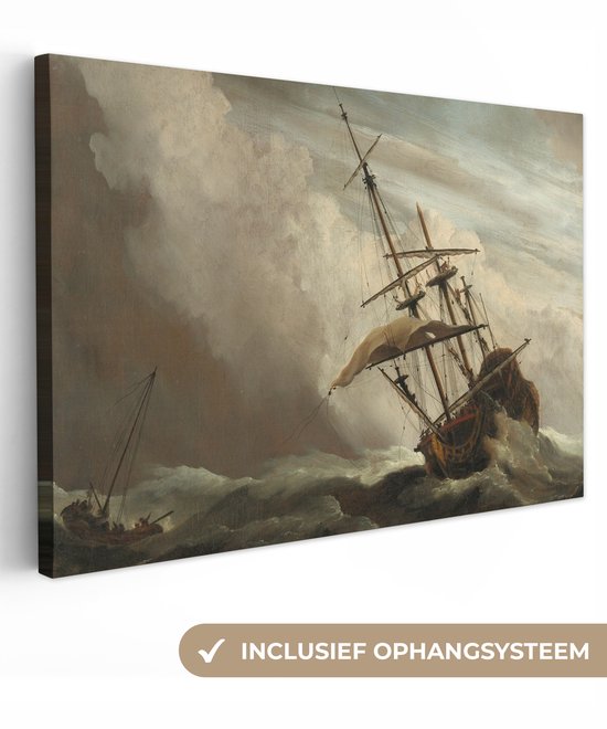Een schip in volle zee tijdens een storm, met hoge golven en dramatische wolken. Inclusief ophangsysteem.