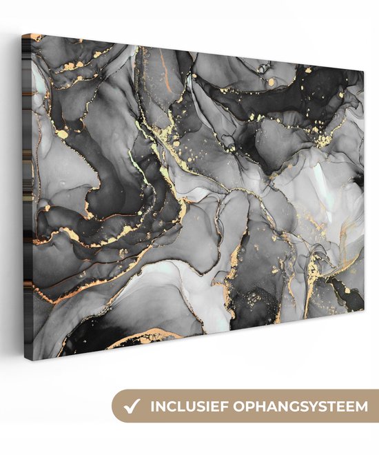 Toile Peinture Marbre - Zwart - Or - Grijs - 120x80 cm - Décoration murale