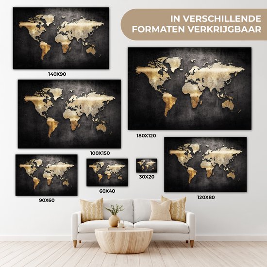 Toile Wereldkaart - 90x60 - Décoration murale Wereldkaart - Or - Zwart