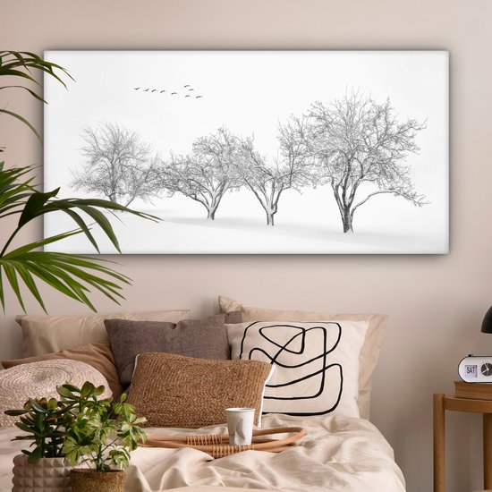 Canvas schilderij 160x80 cm - Wanddecoratie Bomen - Zwart wit - Natuur - Vogels - Muurdecoratie woonkamer - Slaapkamer decoratie - Kamer accessoires - Schilderijen op canvas