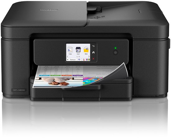 Zwarte Brother DCP-J1460DW printer met documenten uit uitvoerlade.