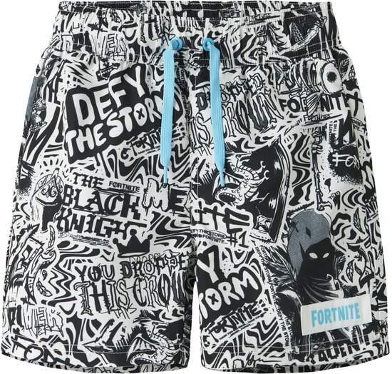 Zwarte zwembroek met all-over Fortnite-print in zwart-wit en blauwe trekkoorden.
