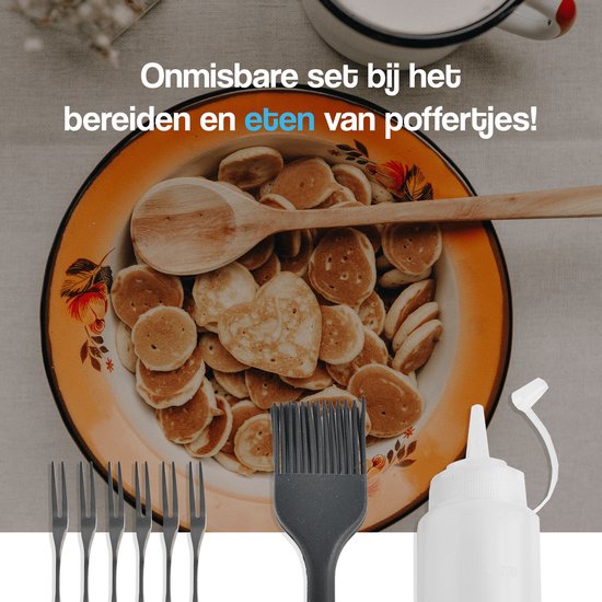 Een kom met poffertjes, een lepel, zes vorkjes, een kwast en een doseerfles.