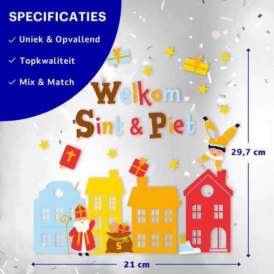 Sinterklaas raamstickers met Sint, Piet, cadeaus, sterren en gekleurde huisjes. Afmetingen 21 x 29,7 cm.