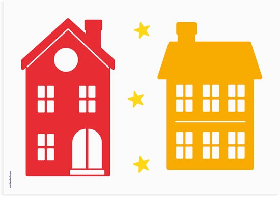 Twee gekleurde huisjes, rood en oranje, met gele sterren.