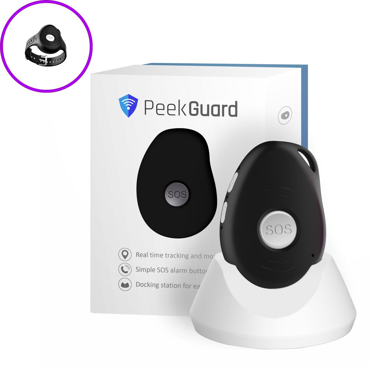 PEEKGUARD© - EVO 7S 4G Zwart - SOS Noodknop Met Docking Station - Alarmknop voor Personen & Ouderen - GPS Tracker Senioren - SOS knop - Valdetectie - Waterdicht - Incl. Simkaart - Incl. Horlogeband - Geen Abonnement Nodig