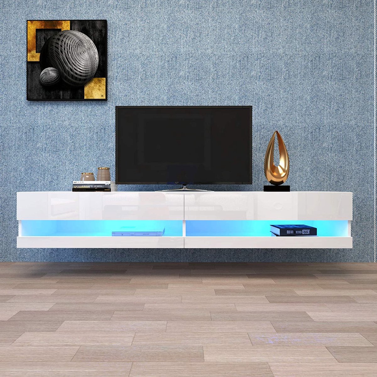 Pugsdrly LED-tv-kast, tv-lowboard in wit met ledverlichting, hoogwaardige tv-kast met veel opbergruimte voor uw woonkamer 140x40x30,5 cm, wit