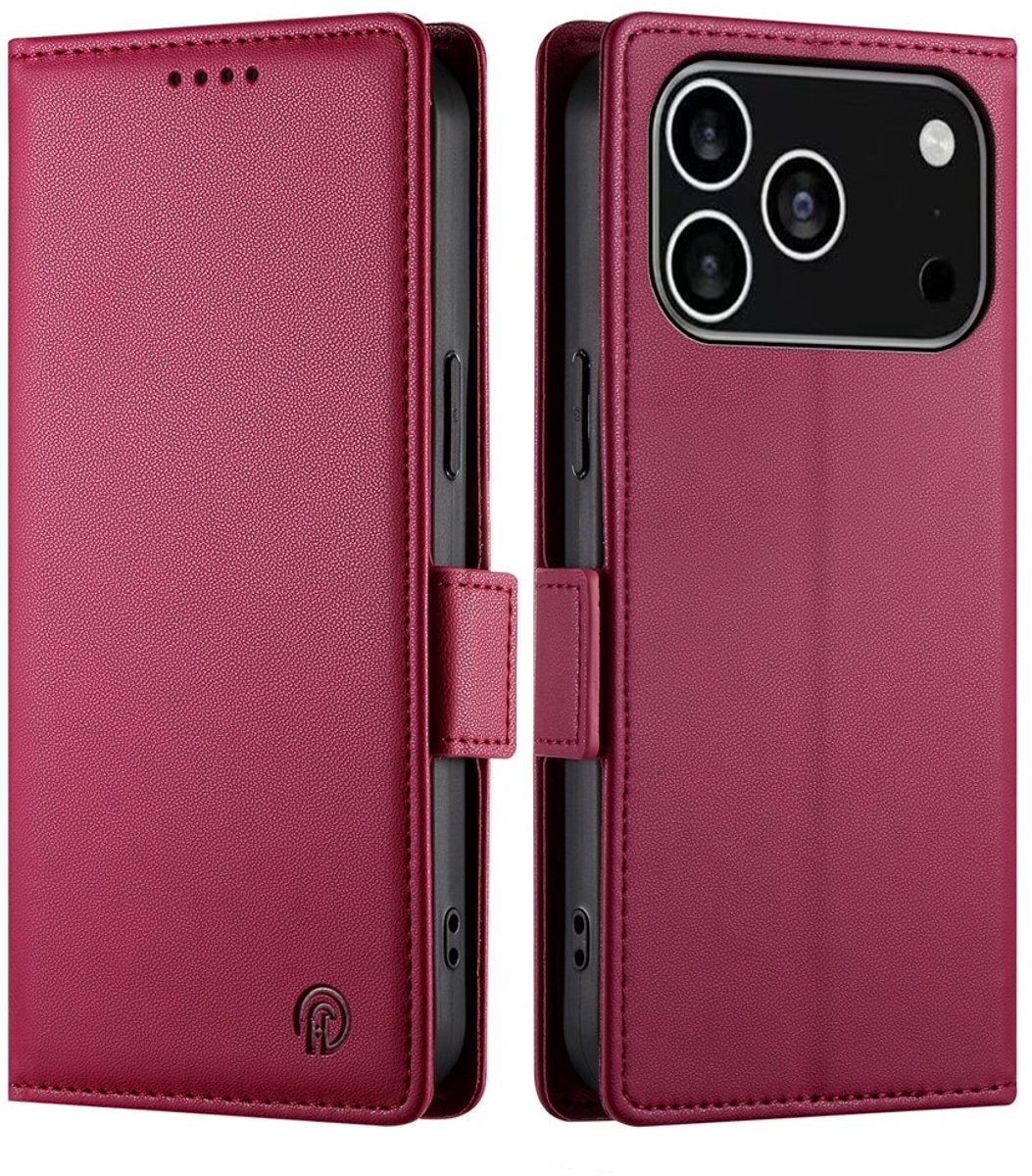 Lunso Geschikt voor iPhone 17 Pro hoesje - PU leren Bookcase met ruimte voor pasjes - Rood