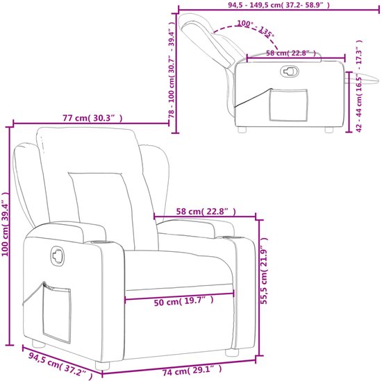 Grijze relaxfauteuil met afmetingen en hoekindicaties.