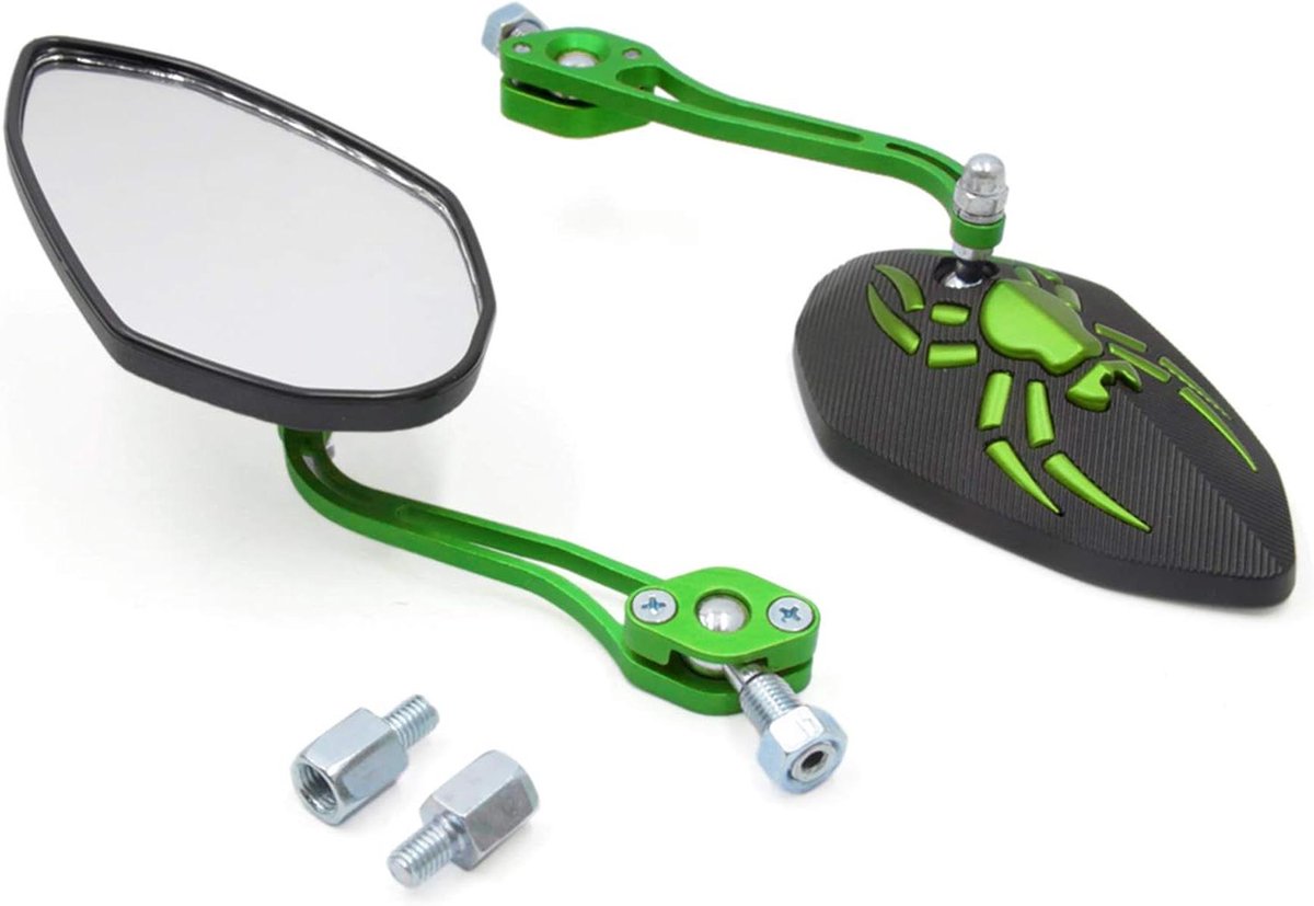 Image of 8 mm Diameter draad, 10 mm, motorfiets model, groene achteruitkijkspiegel met verstelbare arm