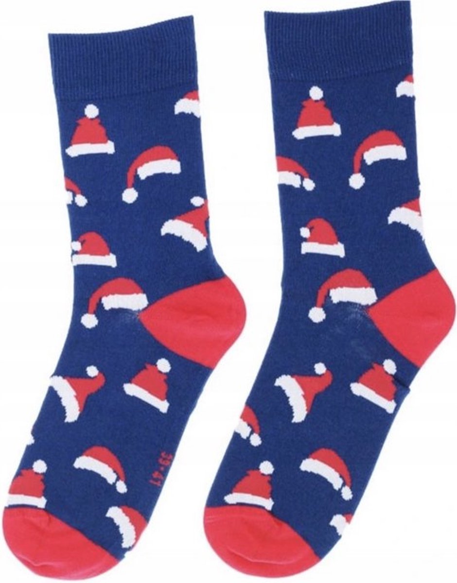 Wola Kerstsokken – Blauw met Kerstmuts – Maat 42 - 44 cm - Kerstcadeau ( 1 stuks )