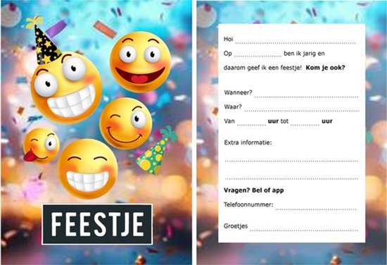 Uitnodigingskaart voor een feestje met smileys, slingers en confetti. De binnenkant is blanco om details in te vullen.