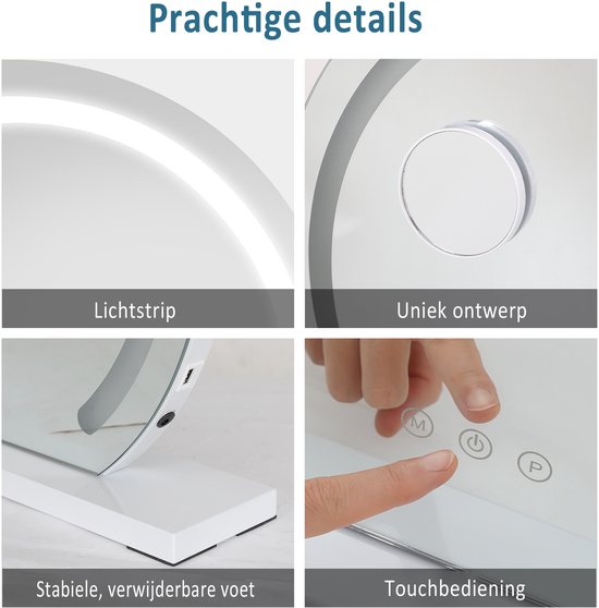 Close-ups van een ronde spiegel met LED-lichtstrip, vergrootglas, verwijderbare voet en touchbediening.