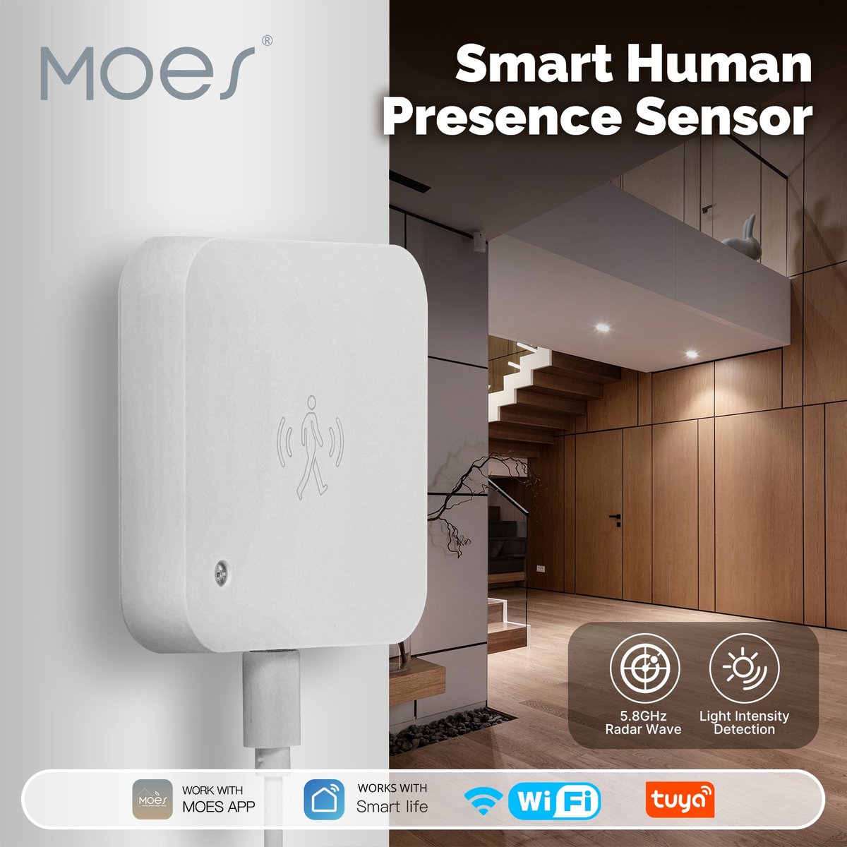 Moes aanwezigheidssensor Wifi | detecteert personen | usb gevoed | beweging en lichtsensor | werkt op Tuya Smart en SmartLife | radar range 6 mtr
