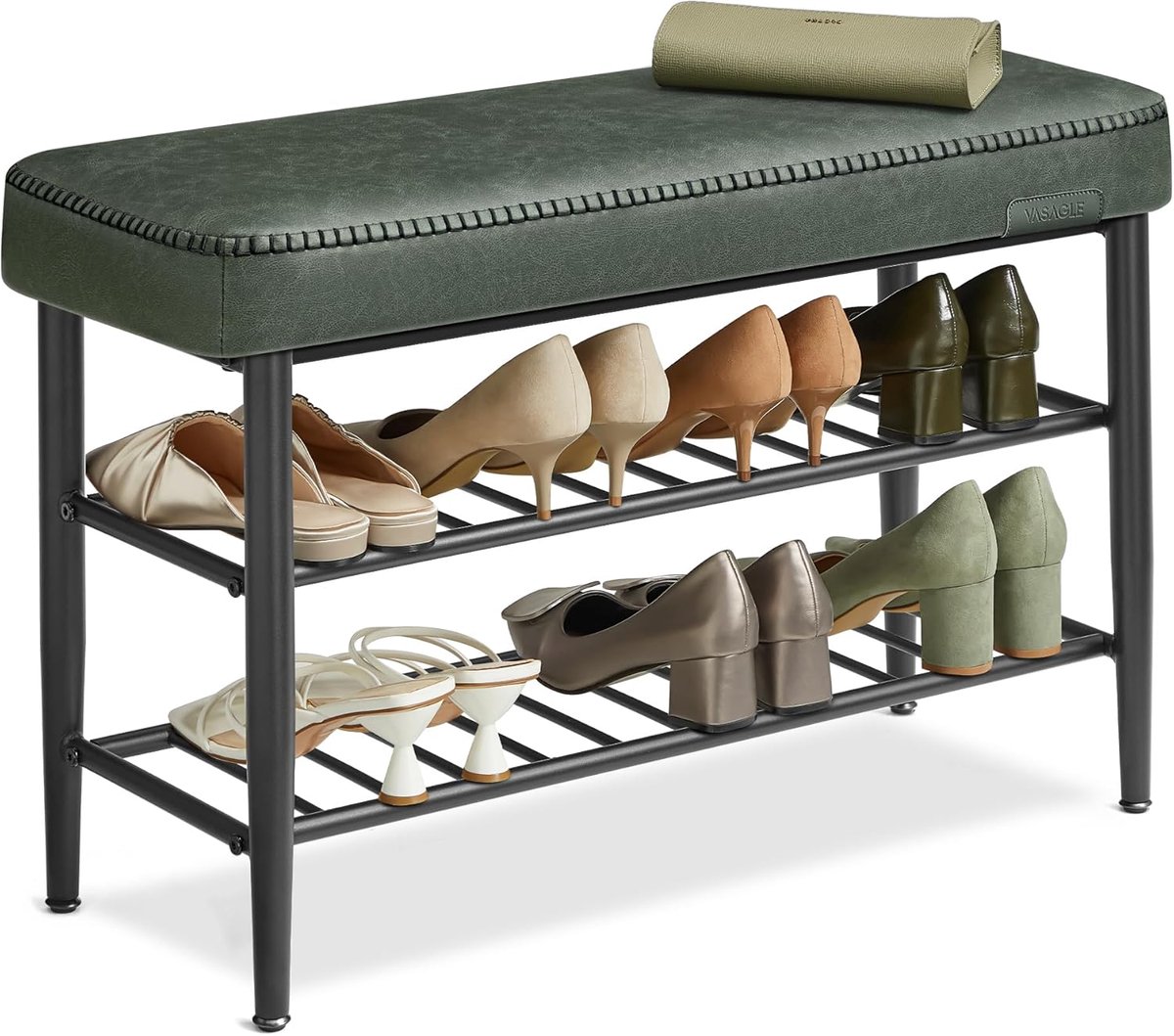 FurnStar Schoenenbank – Zitbank – Entreebank met Opbergruimte – Kunstleer met Stiksels – Jaren ’60 Moderne Stijl – Tot 135 kg – 30 x 80 x 50 cm – Groen