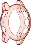 Transparant roze TPU hoesje voor een smartwatch, met uitsparingen voor knoppen en sensors.