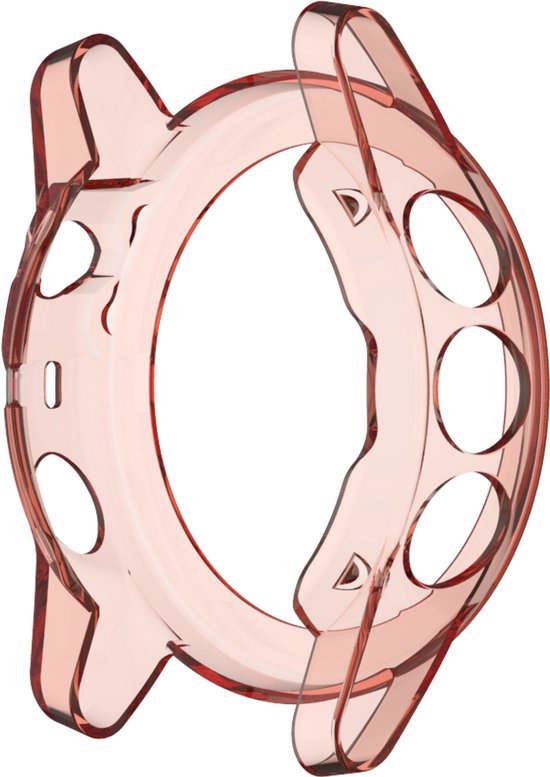 Transparant roze TPU hoesje voor een smartwatch, met uitsparingen voor knoppen en sensors.