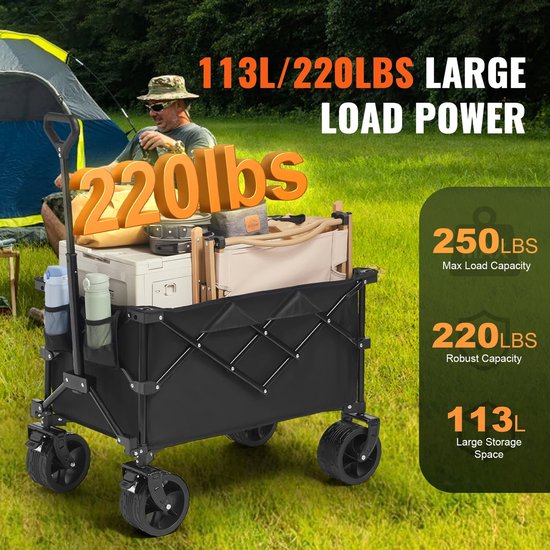 Opvouwbare Vouwkar 220lbs - Strand- en Sportwagen - Off-Road Wielen - 600D Oxford Waterbestendig - Inklapbaar & Compact - Verstelbaar Handvat - Bekerhouder - Voor Camping, Tuin en Winkel van Sekey — afbeelding 2