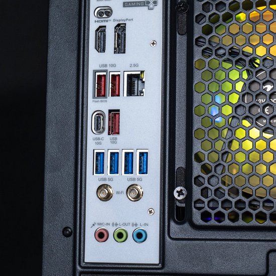 Achterkant van een pc met HDMI, DisplayPort, USB 3.2, USB-C en audioconnectoren.