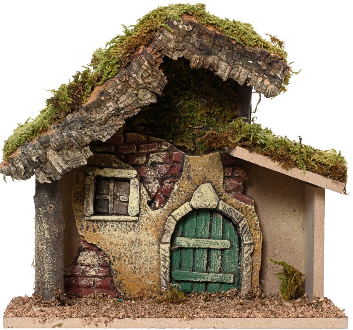 Houten kerststal met mosdetails, zonder figuren, afmetingen 23 x 11 x 21 cm - Decoris Lege kerststal.