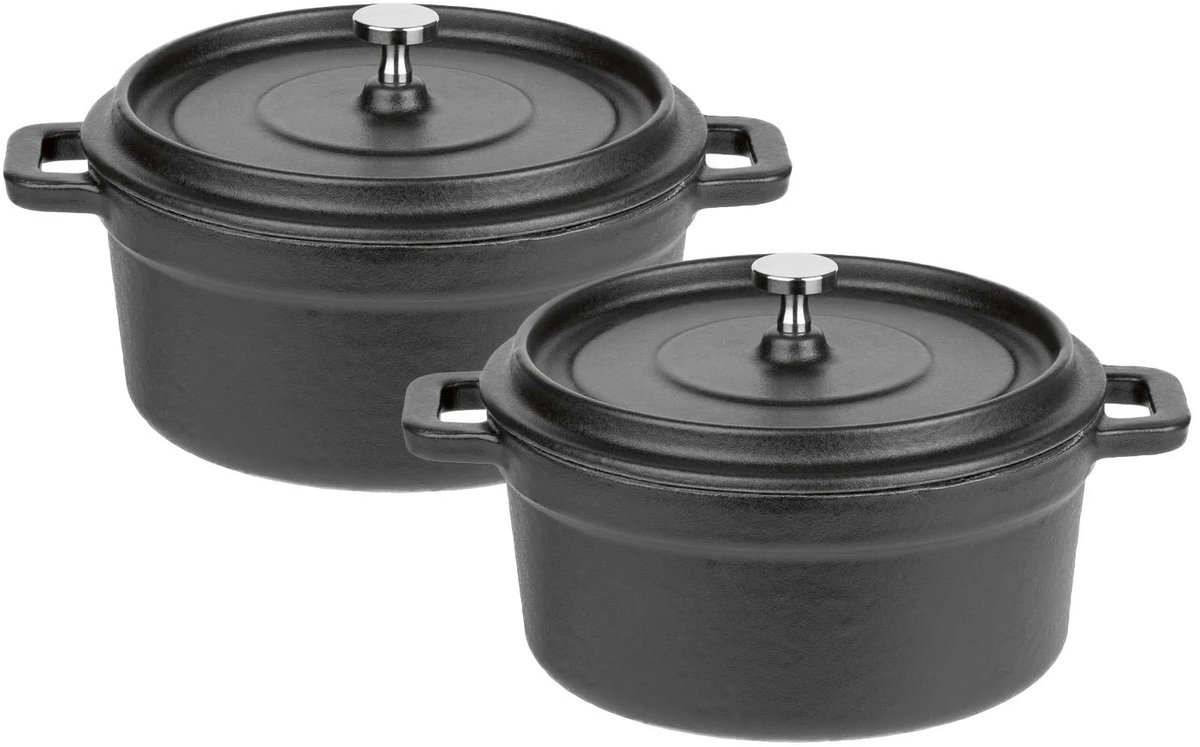 GSW 2 gietijzeren mini serveerpannen Zwart - Diameter: elk 14 cm Geschikt voor: alle soorten fornuizen Ovenbestendig: tot 240 °C