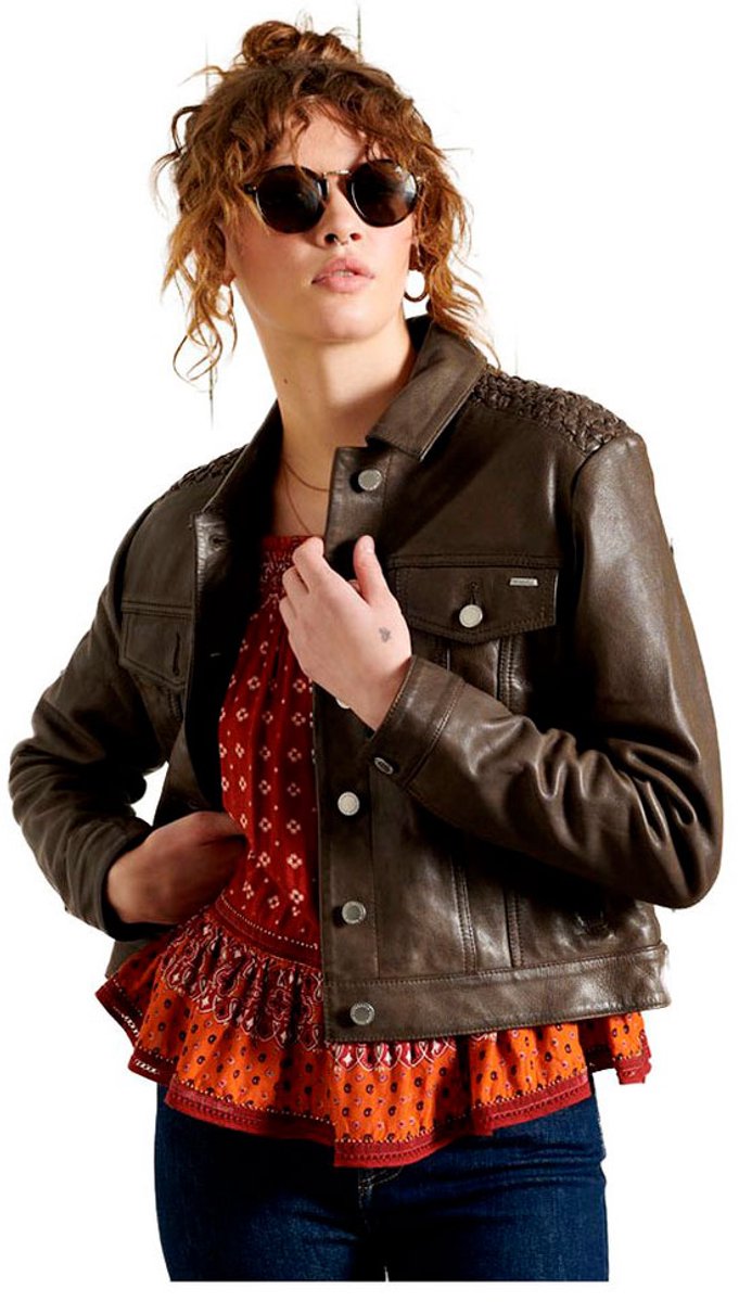 Superdry Leather Stateside Jas L Vrouw Tan
