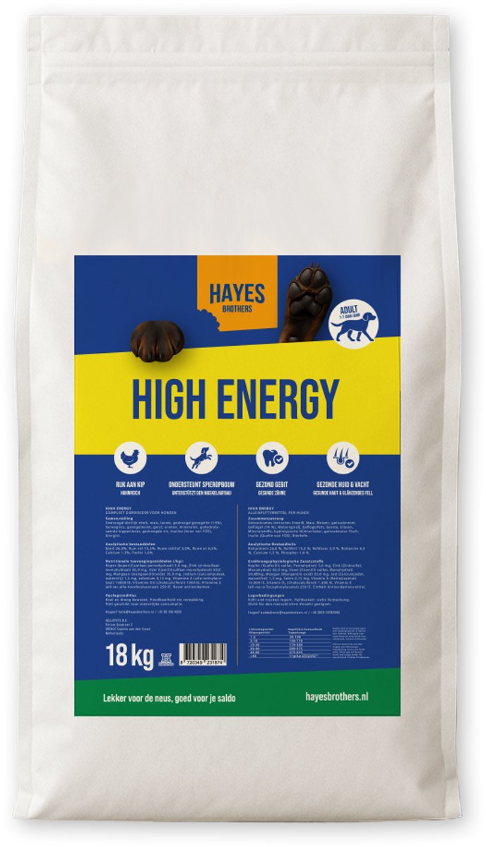 Hayes Brothers Hayes Brothers Adult High-Energy Hondenvoer 18 kg - Hoog energie en eiwitten - Krokante hondenbrokken - 18kg