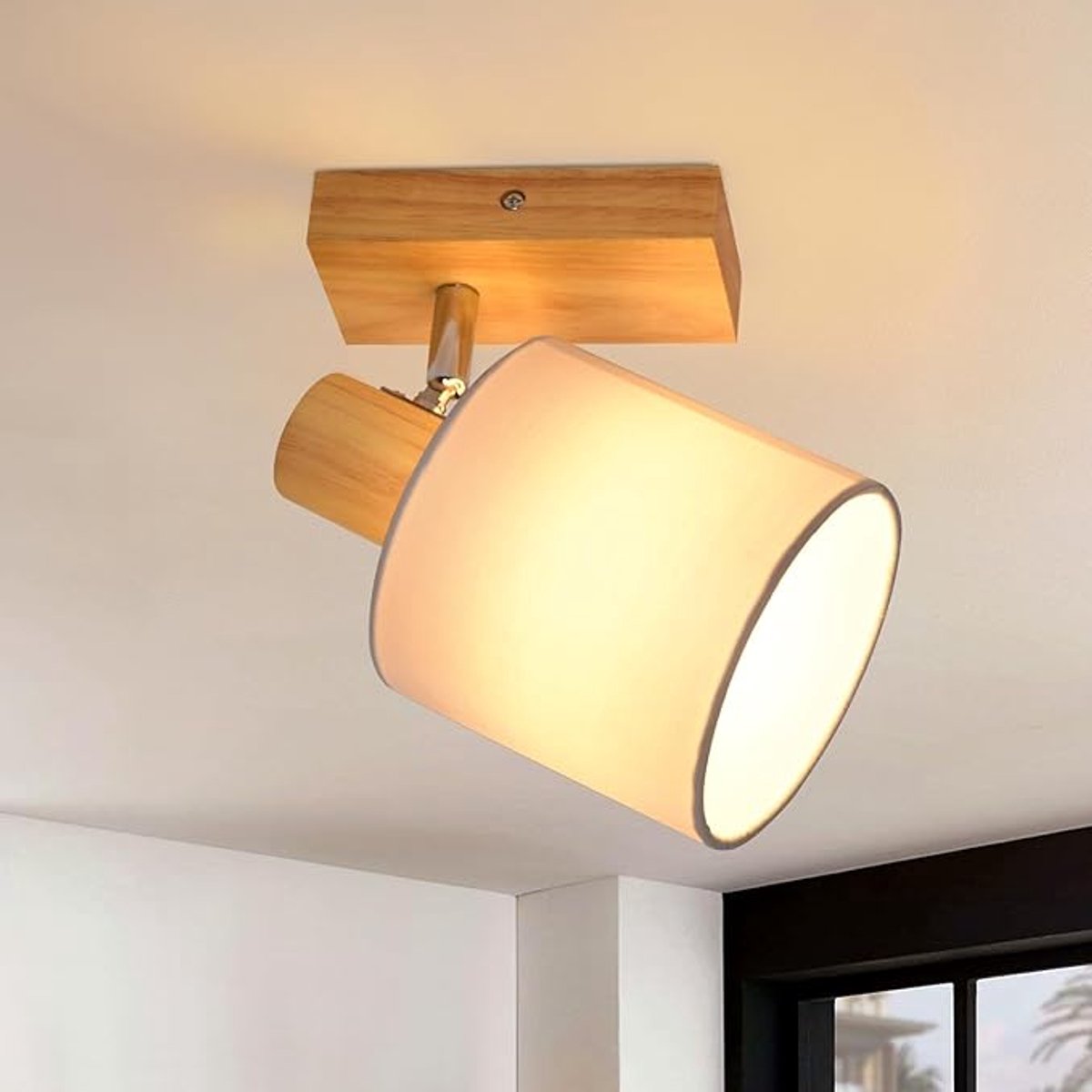 Glitzerlife - Plafondspot 1-lichts - Hout - Modern - Draaibaar 350° - Stoffen kap - E14 - Woonkamer Slaapkamer Keuken Hal - Zonder lichtbron