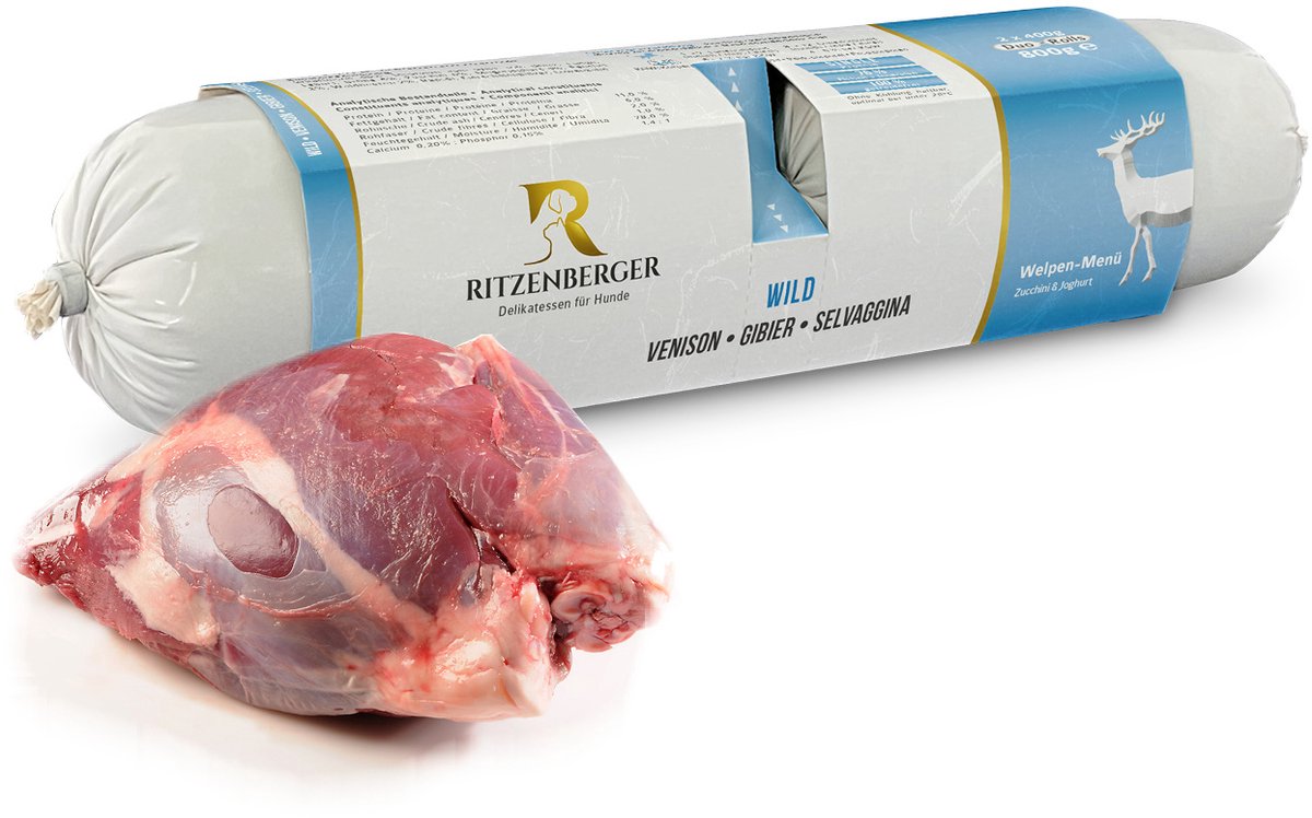 Ritzenberger Pup Wild met Groenten gestoomde worst. Doos 12 rollen, per rol 2 x 400 gram. Totaal 9.6 kilo