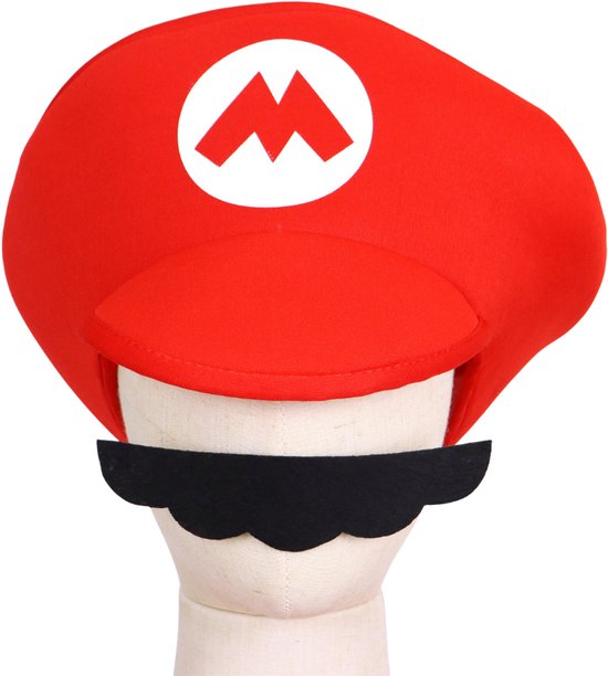 Rode pet met wit Mario-logo en zwarte snor
