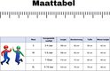 Maattabel voor verkleedkleding met afbeeldingen van Mario en Luigi