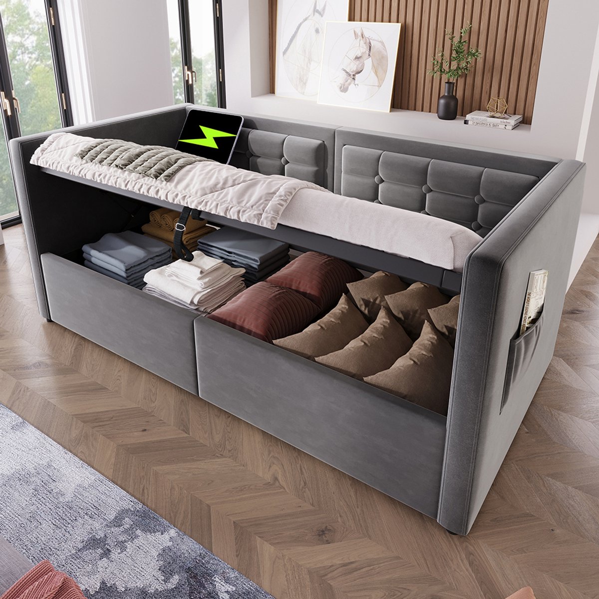 BLACK COLORS Gestoffeerd bed 90x190 cm met hydraulische opbergruimte, USB Type-C, fluweel Grijs