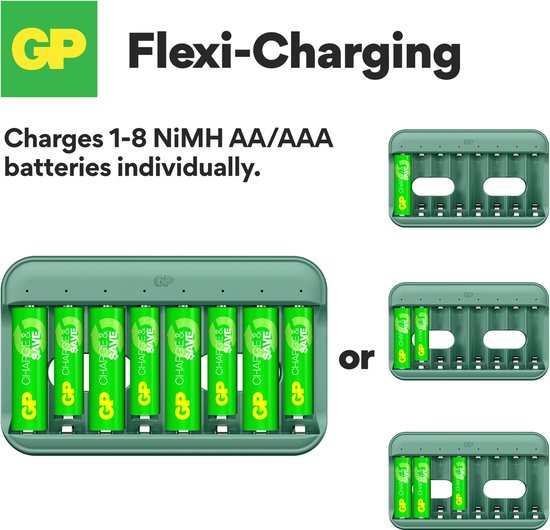 Flexi-charging: Groene GP batterijladers tonen verschillende configuraties met 1-8 AA/AAA batterijen.