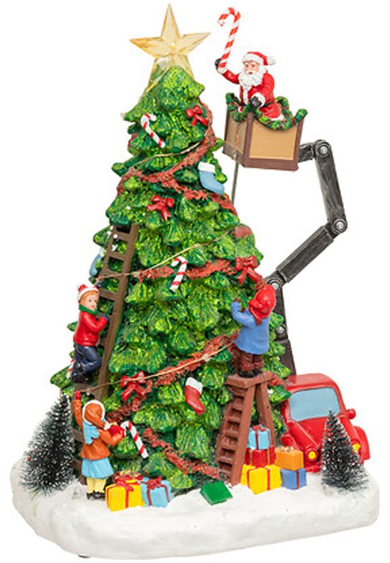 Feeric Christmas Kerstdorp kerstboom en kerstman - 27 led - muziek en beweging - 39 cm - lichtgevend - polyresin