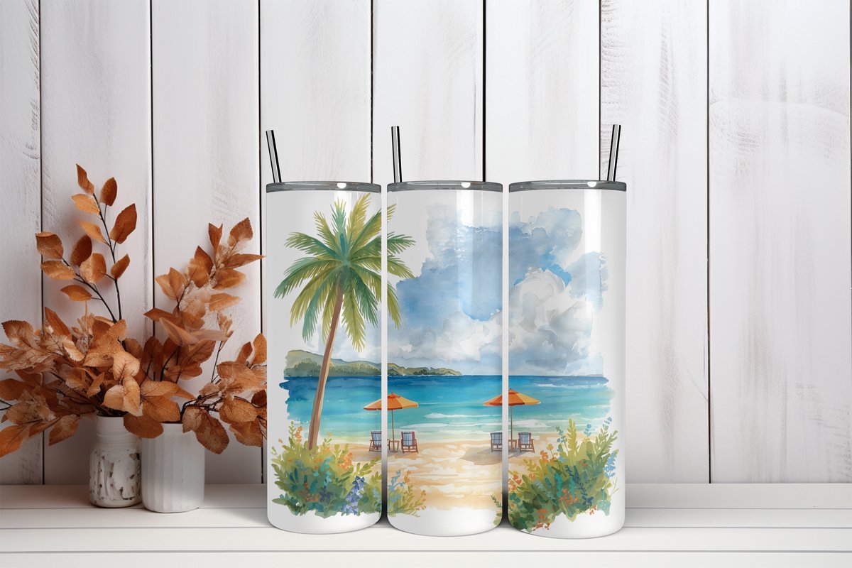Thermosbeker Strand - 600 ml RVS Tumbler met Rietje - Cadeau - Schoolbeker - Antilek dop - Vaatwasserbestendig - Werkbeker - To go beker - Zomaar