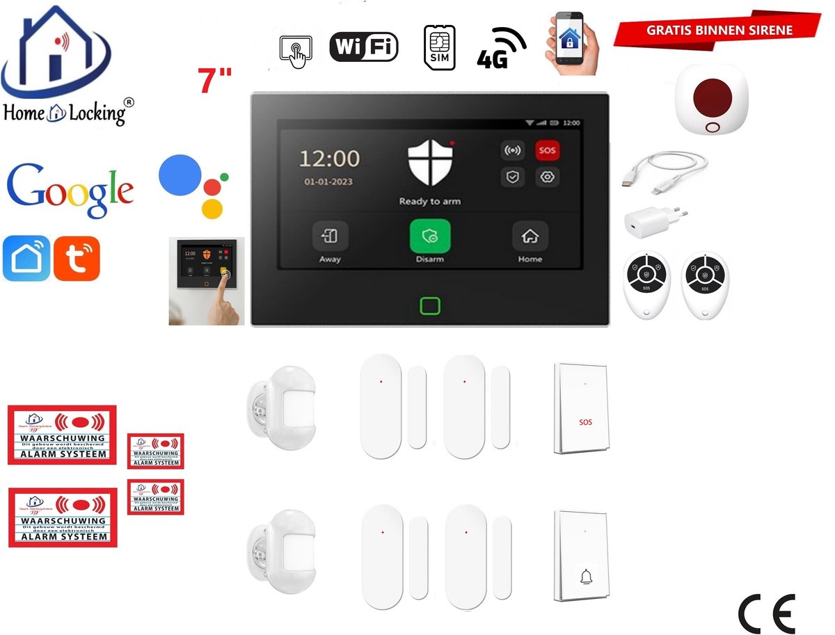 Draadloos / bedraad alarmsysteem met 7-inch touchscreen voor woning/camper/boot/caravan werkt met wifi en sim kaart en met spraakgestuurde apps. (Nederlands of Frans stem en tekst). ST01B-A4