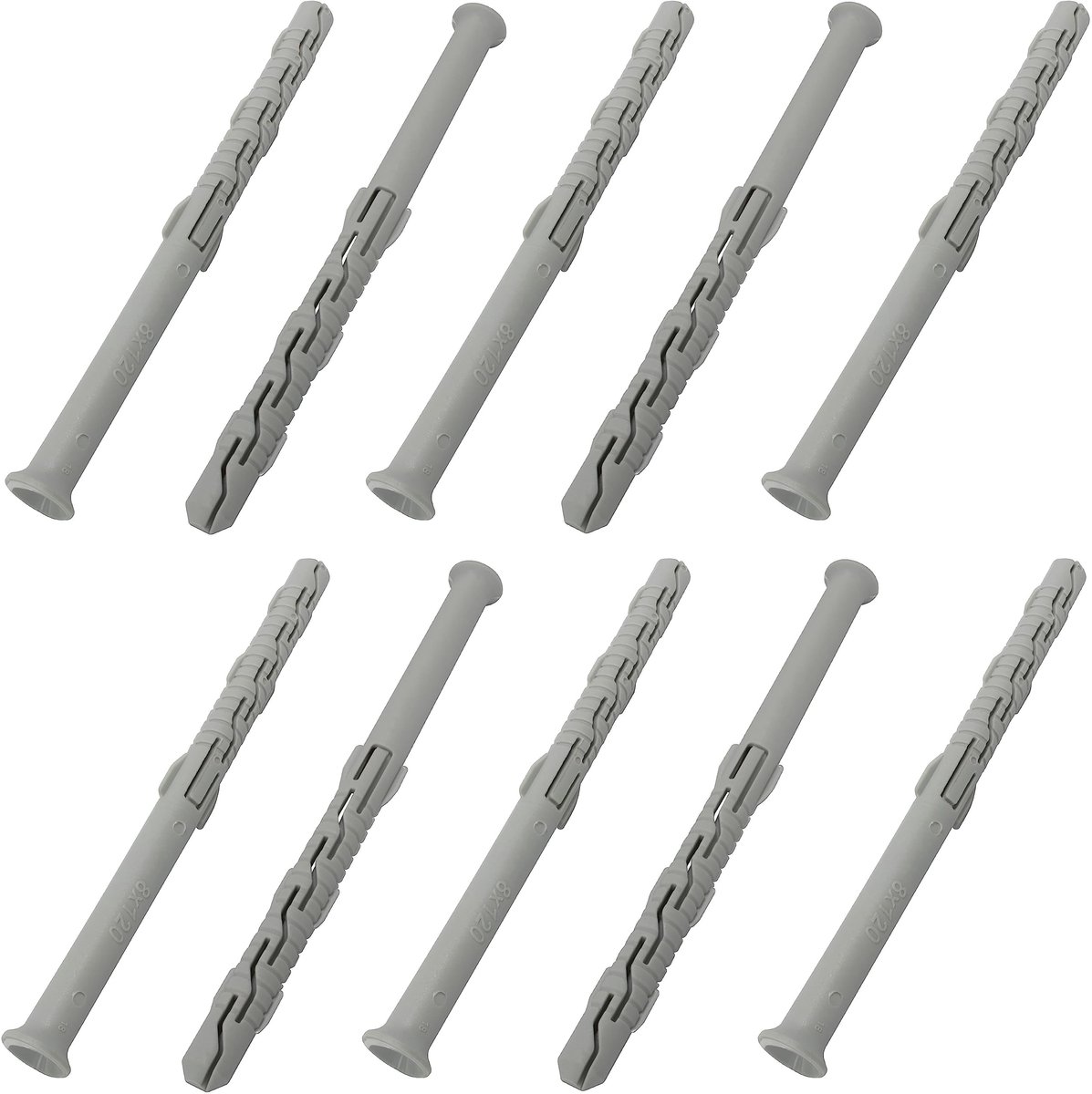 Set van 10 universele polyamide pluggen met gefreesde flens van Ø8x120 mm, geschikt voor beton en metselwerk, voor stevige en betrouwbare bevestiging