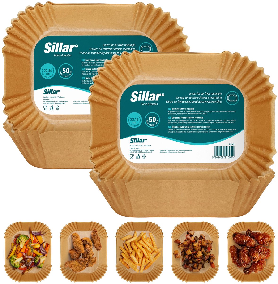 Sillar, AirFryer Wegwerpbakjes, Bakpapier voor luchtfriteuse 22 x 14 cm, anti-aanbaklaag, wegwerppapier voor airfryer, oven, pannen, magnetron, rechthoekig, 100 stuks
