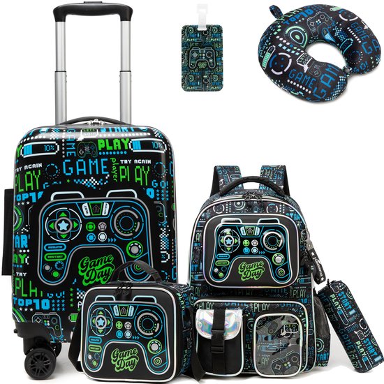 Foto: Stunq complete 5 delige kinderreisset met koffer rugzak en accessoires in blauw thema rugzaktrolley zwart31 x 20 x 41 cm