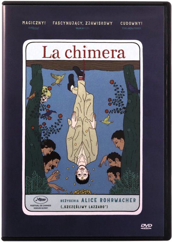 DVD-hoes met illustratie van een man die ondersteboven hangt, omringd door vogels en mensen.