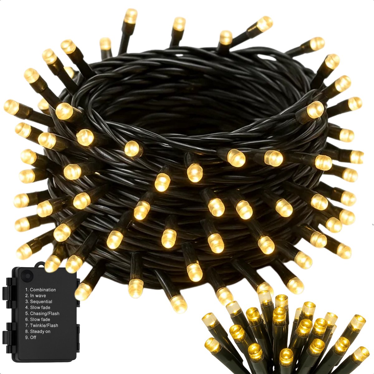 Cheqo® Kerstverlichting Op Batterij - Warm Wit LED Lampjes - Geschikt Voor Binnen En Buiten - 96 LED Lampjes - 7 Meter Lichtsnoer - Met Timer - 8-Functies - IP44 Waterdicht - Zwarte Kabel - 3x AA Batterijen - Kerstlampjes - Kerstboomverlichting