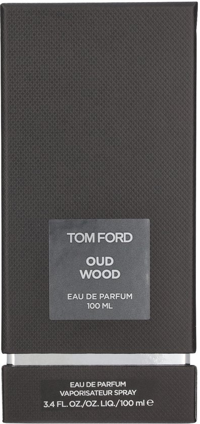 Zwarte, getextureerde kartonnen verpakking van Tom Ford Oud Wood Eau de Parfum 100 ml.