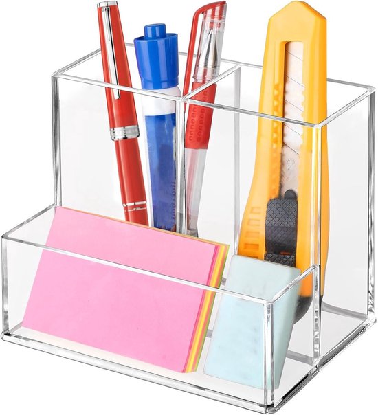 4 Doorzichtige Pennenboxen – Kunststof, Met Deksel, 18x6x2,5 Cm – In Wit, Roze, Groen En Blauw