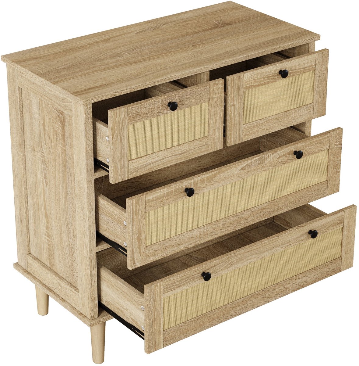 Merax Ladekast met 4 Lades - Commode met Rattan Fronten en Massiefhouten Poten - Opbergkast 80x40x80 cm - Naturel